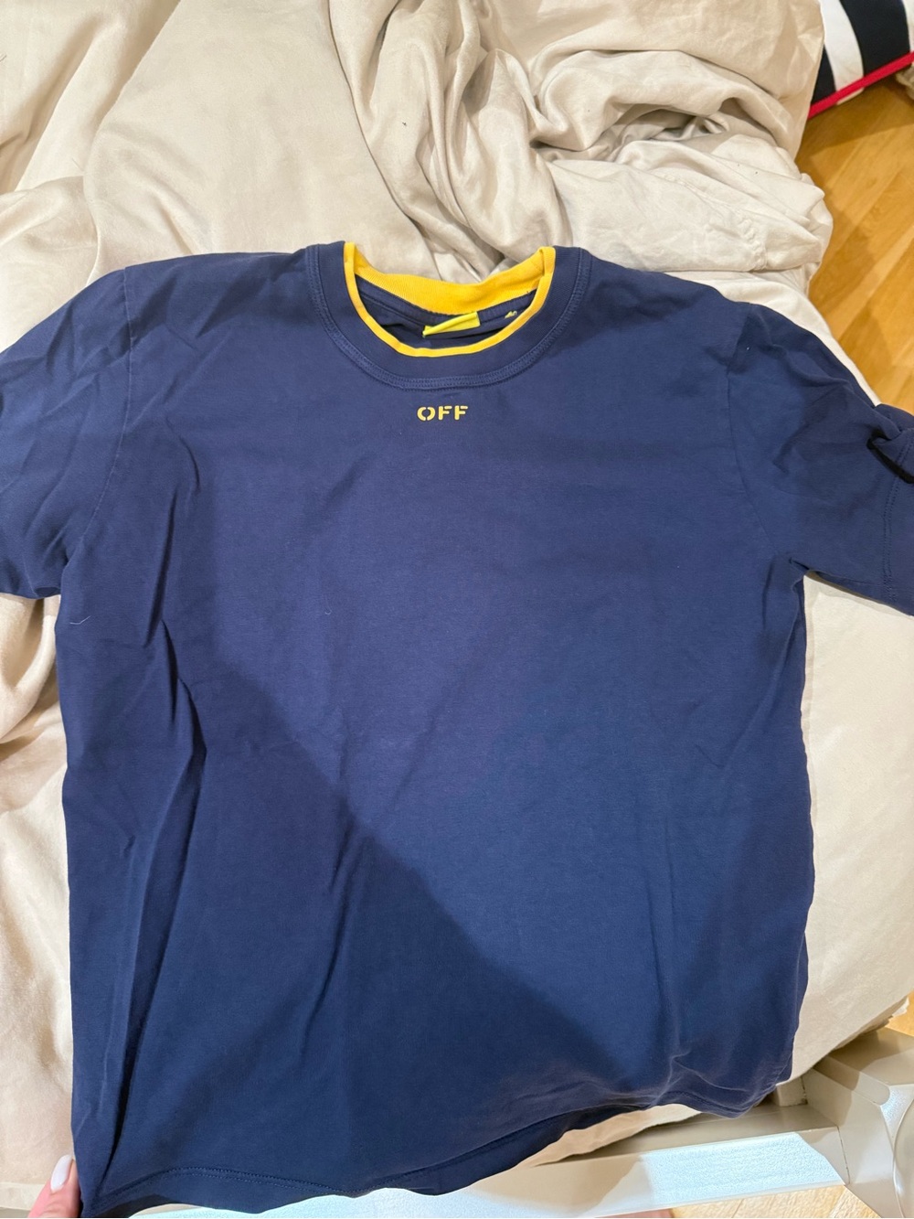 Off-White Navy Short Sleeve Tee with Yellow Trim
